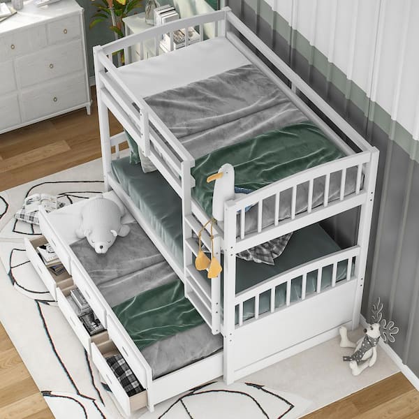 White Twin Over Twin Bunk Bed with Ladder and Storage Drawers, Wood Bunk Bed with Safety Rail and Trundle for Kids