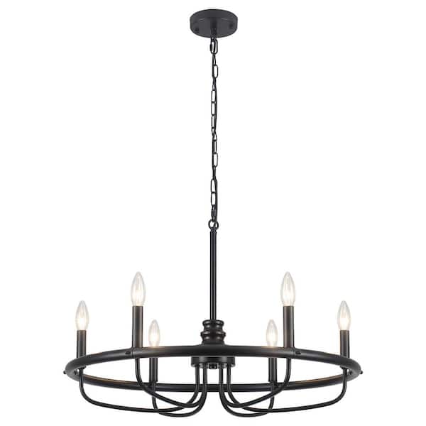 ADSENSTY 6-Light Black Dimmable Candle Style Round Wagon Wheel Chandelier for Kitchen Island with no bulbs included