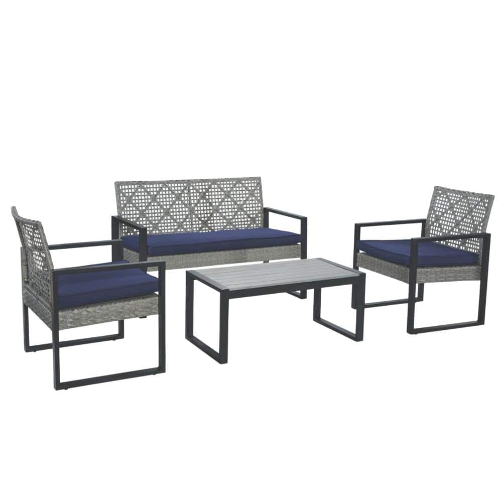 44 in. Light Gray Wicker Outdoor Conversation Set with Blue Cushions and Acacia Wood Top Table, 4-Piece price history on PriceWatchPro