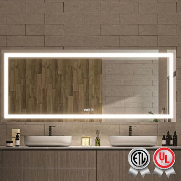 waterpar Super Bright 72 in. W x 32 in. H Rectangular Frameless Anti-Fog LED Wall Bathroom Vanity Mirror with Front Light