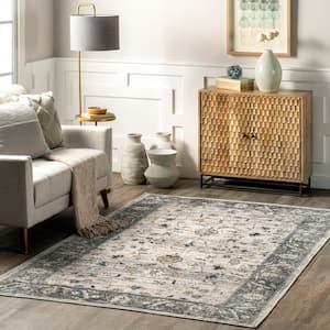 Dera Floral Border Machine Washable Gray 4 ft. x 6 ft. Traditional Area Rug