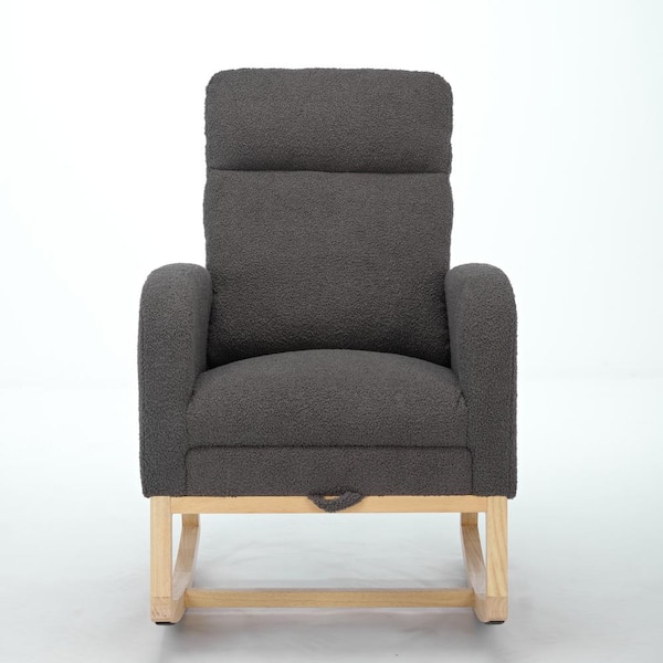 Unbranded Natural Wood Outdoor Rocking Chair with Gray Cushions Upholstered, Side Pocket for Living Room