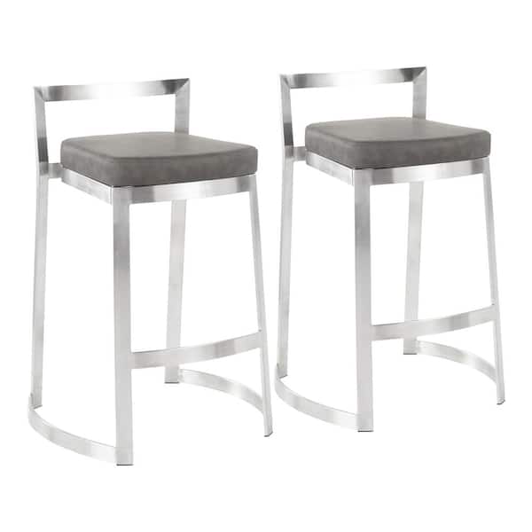 Lumisource Fuji DLX 28 in. Stainless Steel Counter Stool with Marbled Grey Faux Leather Cushion (Set of 2)