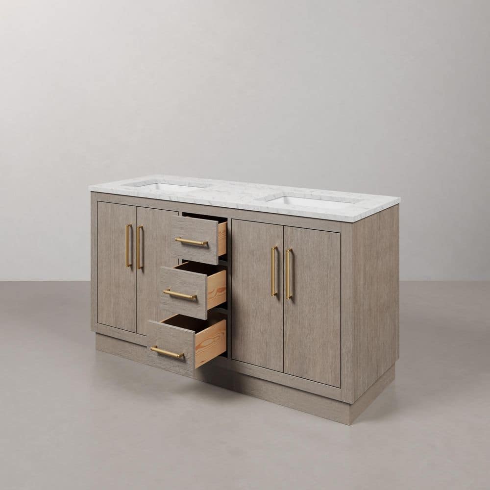 Hugo 60'' Grey Oak Double Sink Vanity with Satin Gold Hardware