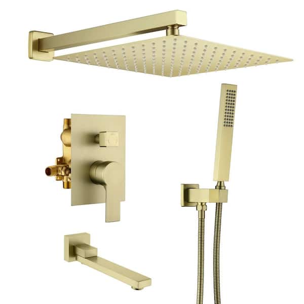 FLG Single Handle 1-Spray 12 in. Tub and Shower Faucet 1.8 GPM Wall Mounted Shower System in. Brushed Gold Valve Included