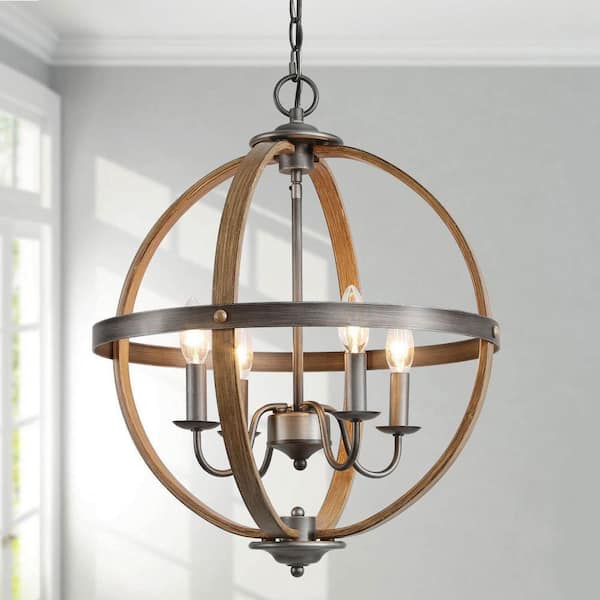 LNC Farmhouse Chandelier 4-Light Globe Cage Candlestick Classic Island Pendant Chandelier with Faux Wood Accents