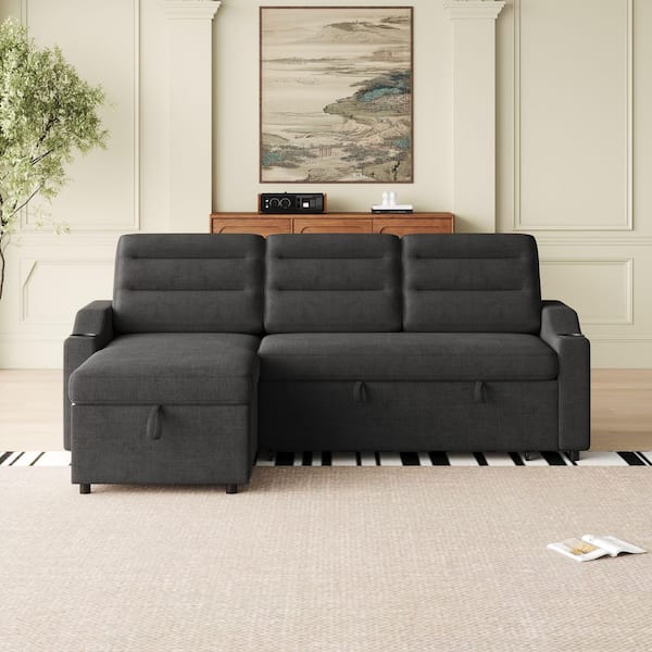 anpport Modern 83.5 in. Black Fabric Twin Size Sofa Bed with Storage and Cup Holder