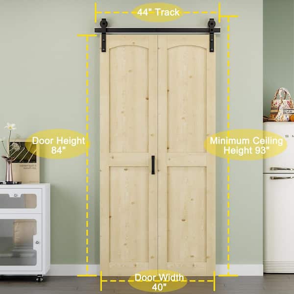 40 in. x 84 in. Paneled H Shape Solid Pine Wood Unfished Bi-fold Sliding Barn Door with Hardware Kit and Handle