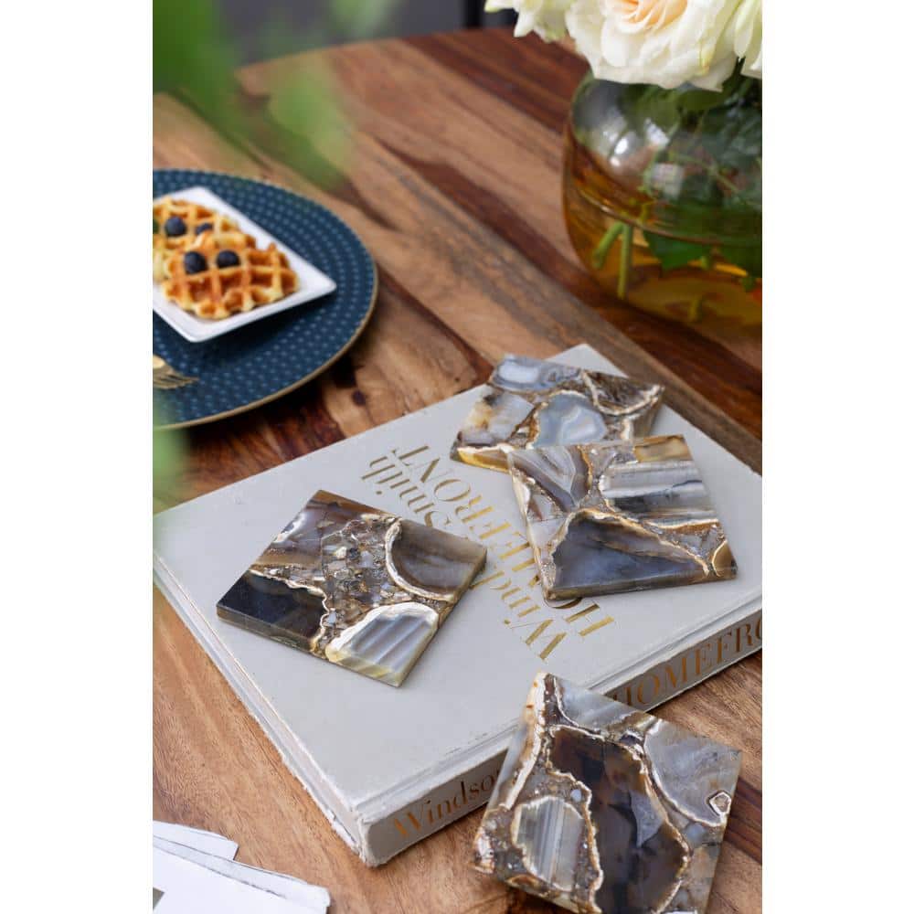 Black Square Agate Stone Coasters Set of 4