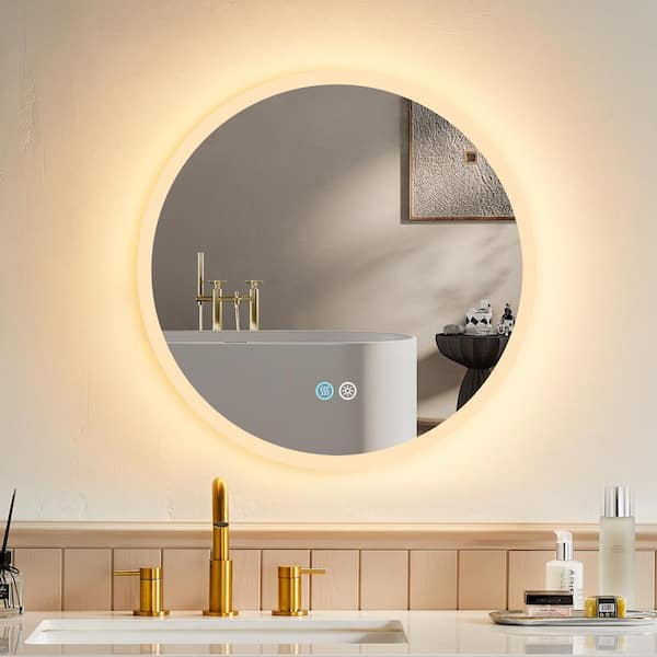 HOROW Luminous 32 in. W x 32 in. H Round Frameless 3 Colors LED Mirror Dimmable Anti-Fog Wall-Mounted Bathroom Vanity Mirror