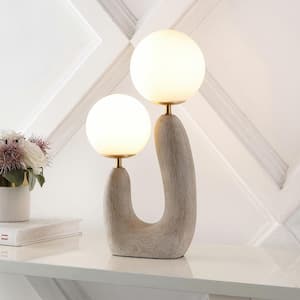 Oona 18 in. 2-Light Mid-Century Scandinavian Resin/Iron/Frosted Glass Cactus LED Table Lamp, Gray Wood Finish