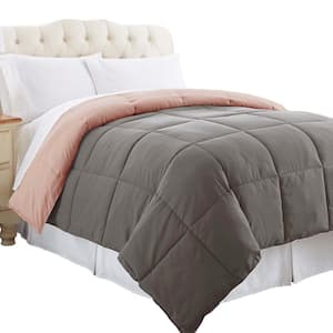 Genoa 1-Piece Gray and Pink Solid Microfiber King Size Box Quilted Reversible Comforter