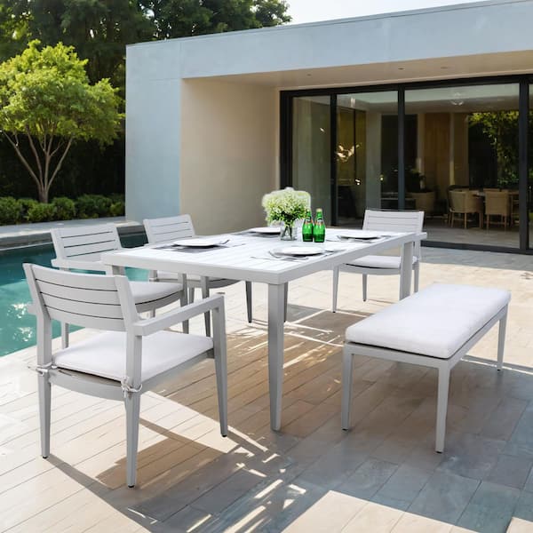 Daheat Outdoor Patio Aluminum Dining Set with 4 Dining Chairs, 1 Bench and 1 Rectangle Two-tone Dining Table in White(6 of Set)