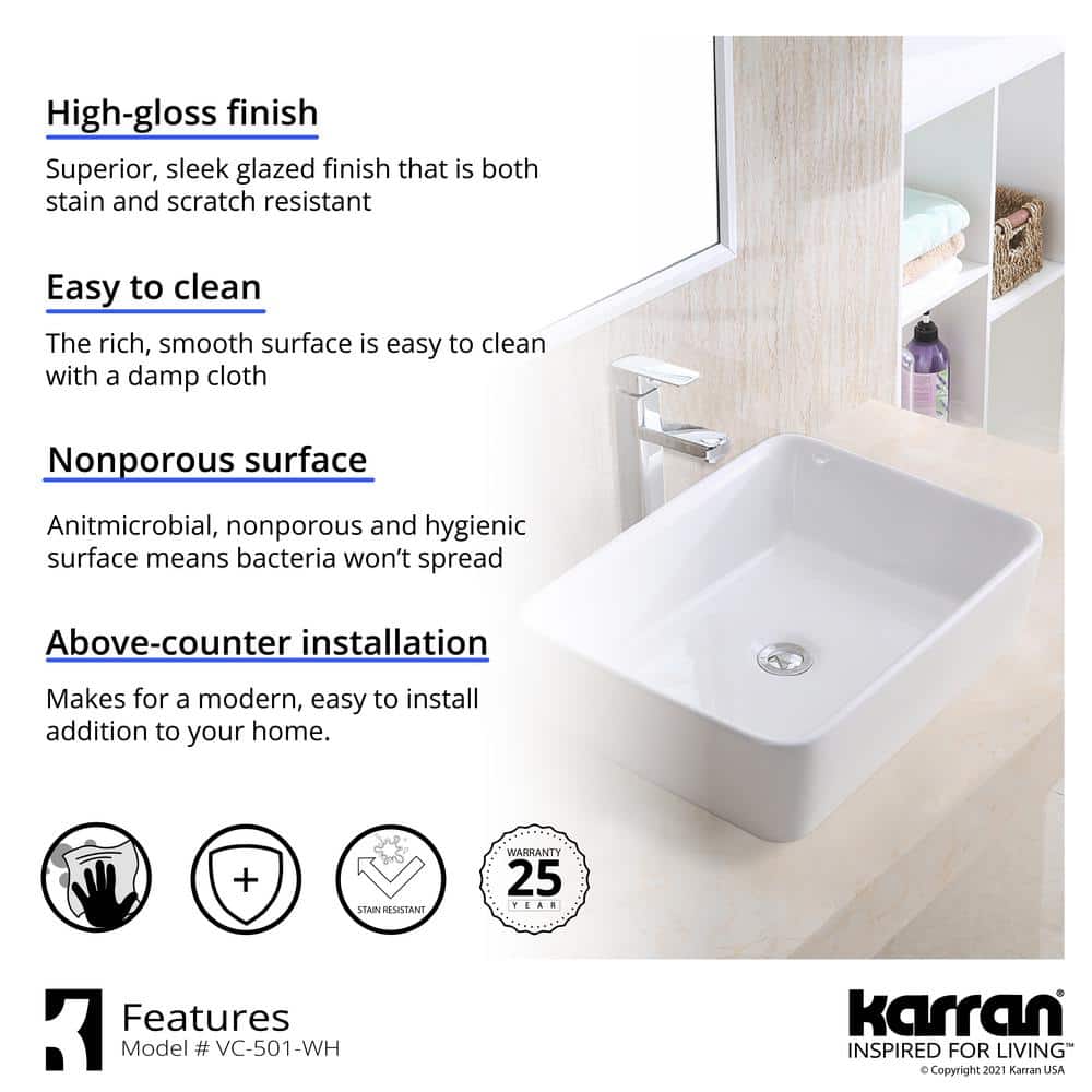 Valera 19" White Ceramic Rectangular Vessel Bathroom Sink