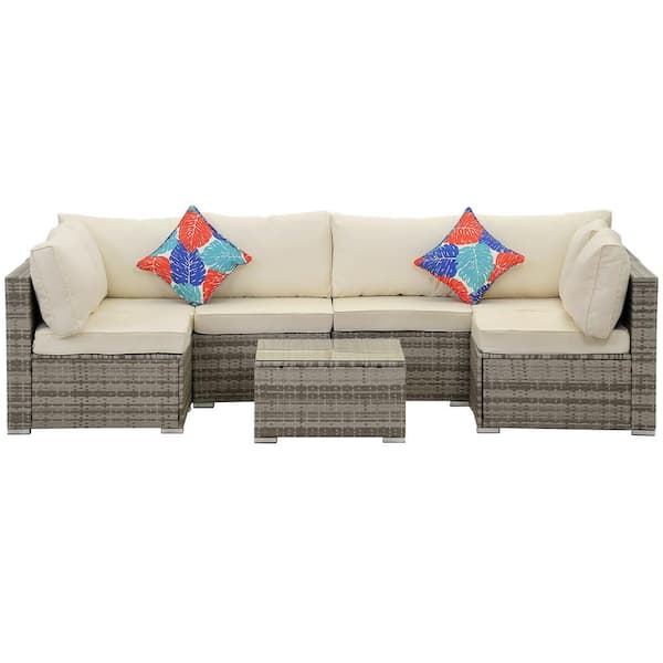 Cesicia 7-Piece Gray Wicker Outdoor Sectional Set with Beige Cushions and Coffee Table