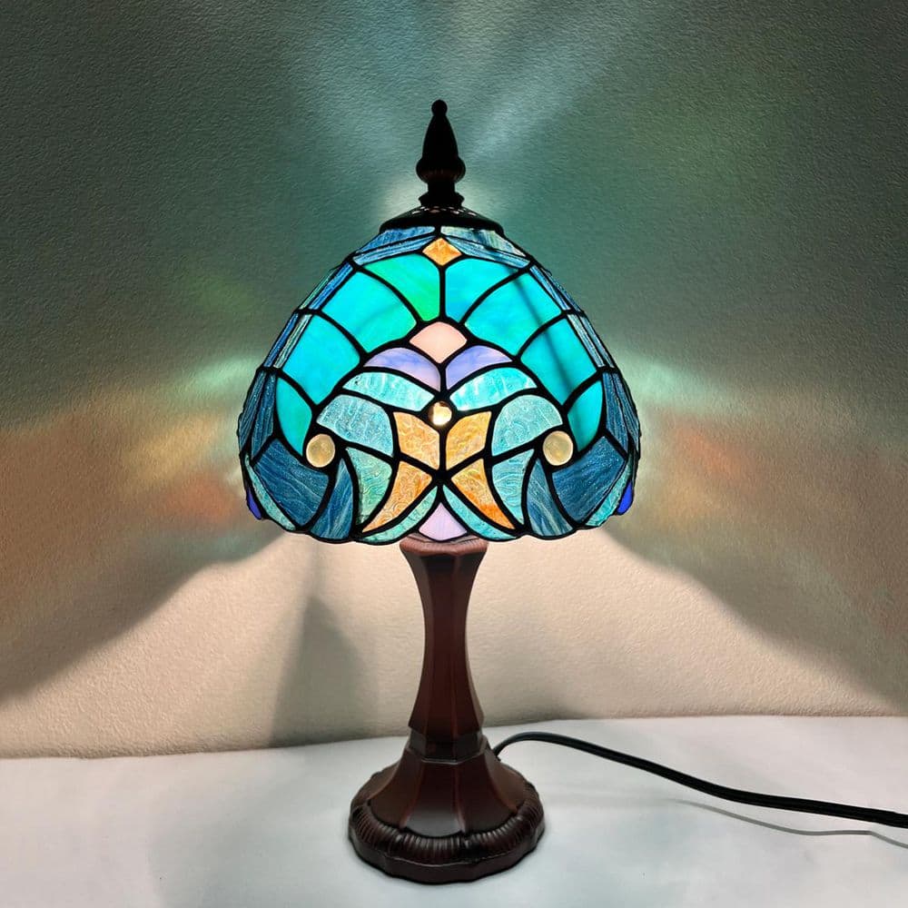 15 in. H Dark Bronze Finishing Tiffany Style Table Lamp Small Nightstand Desk Light for Bedroom Cyan Stained Glass Shade price history on PriceWatchPro