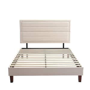 60 in. W Beige Queen Size Bed Frame Upholstered Platform with Headboard Wood Slats Mattress Foundation
