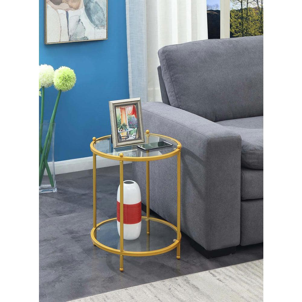Gold and Clear Glass Round End Table with Shelf