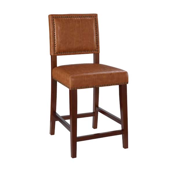 Linon Home Decor Brook 24 in. Caramel Brown Cushioned Back Wood Counter Stool with Faux Leather Seat