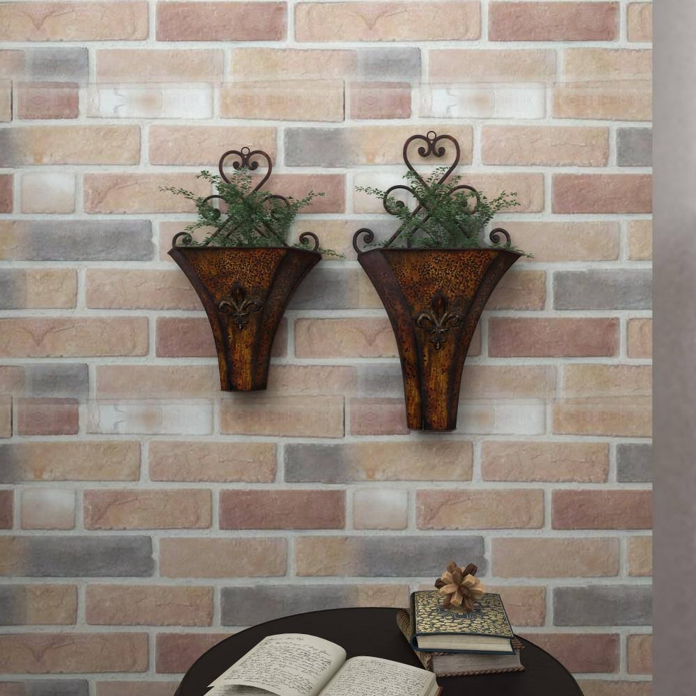 Brown Iron Scrollwork Indoor Outdoor Wall Planter Set