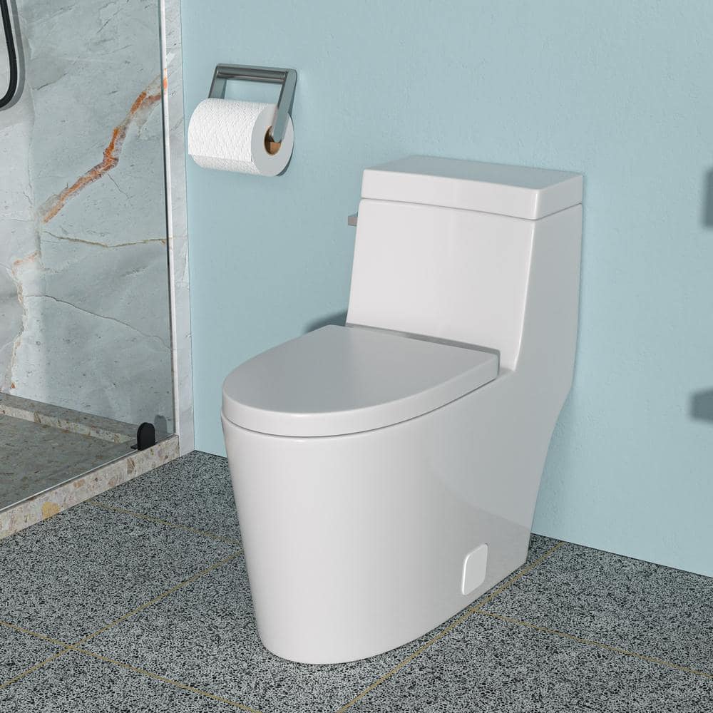 White Ceramic Elongated One-Piece Toilet with Silent Flush