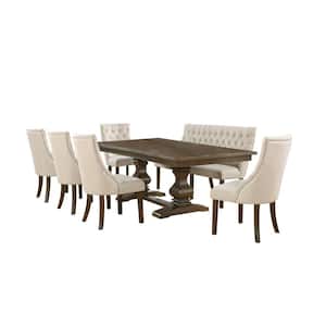 Karol 7-Piece Rectangular Wood Dining Table Set Beige Linen Fabric Chairs with High Back Bench