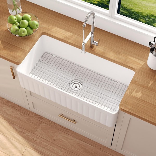 Solstice 36 in. Farmhouse Single Bowl White Fireclay Kitchen Sink with Grid and Strainer