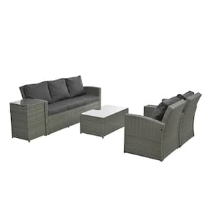 5-Piece Dark Gray Wicker Patio Conversation Set with Dark Gray Cushions, Tempered Glass Table Top