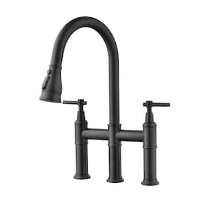 Double-Handle 360-DegreeSwivel Spout Bridge Kitchen Faucet with Pull-Down Spray Head and 3 Modes in Matte Black