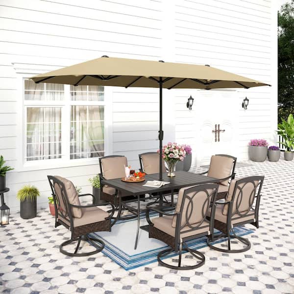 PHI VILLA 8-Piece Metal Outdoor Dining Set with CushionGuard Beige Cushions Wicker Swivel Rockers and Beige Umbrella