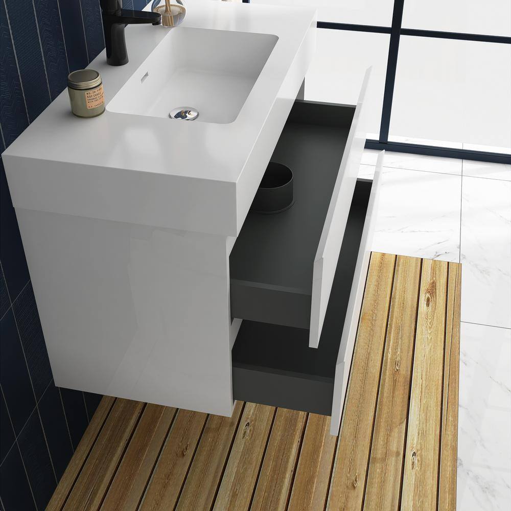White MDF Wall-Mounted Bathroom Vanity with Resin Sink, 36"
