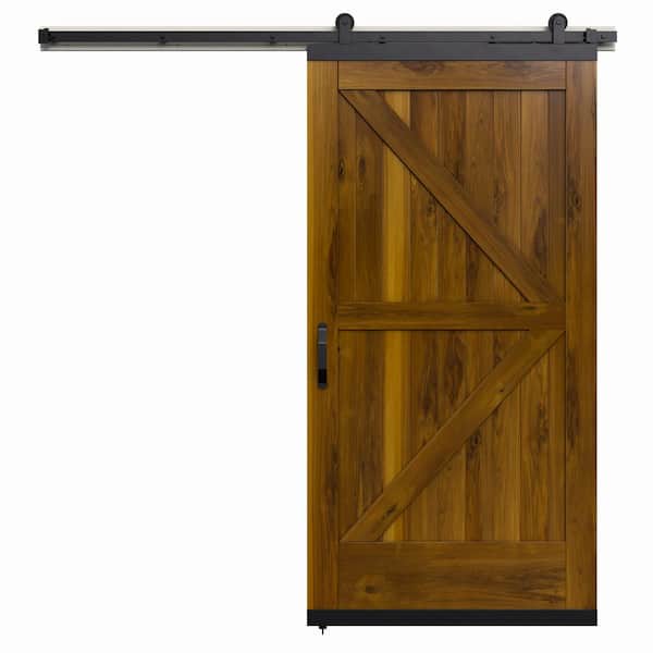 JELD-WEN 42 in. x 80 in. Karona K Design Khaki Stained Rustic Walnut Wood Sliding Barn Door with Hardware Kit