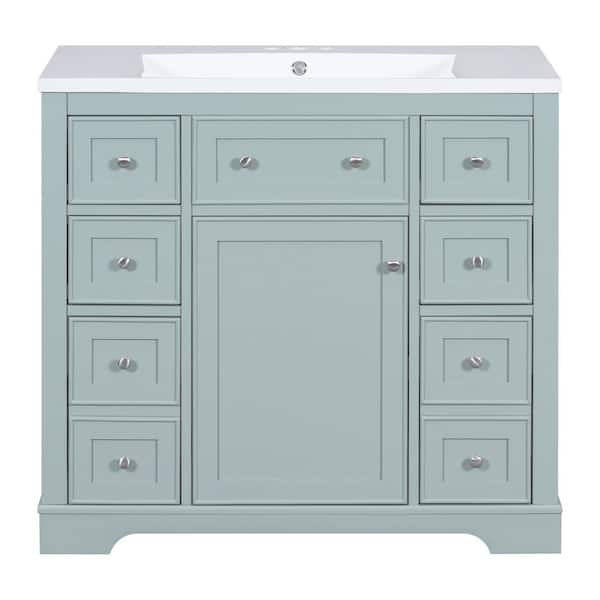 36 in. Single Sink Freestanding Green Bath Vanity with White Ceramic Top, One Cabinet and Six Drawers