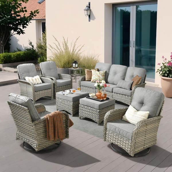 Beverly Gray 8-Piece Wicker Patio Conversation Sofa Swivel Lounge Chairs Set with Ottomans and Dark Gray Cushions