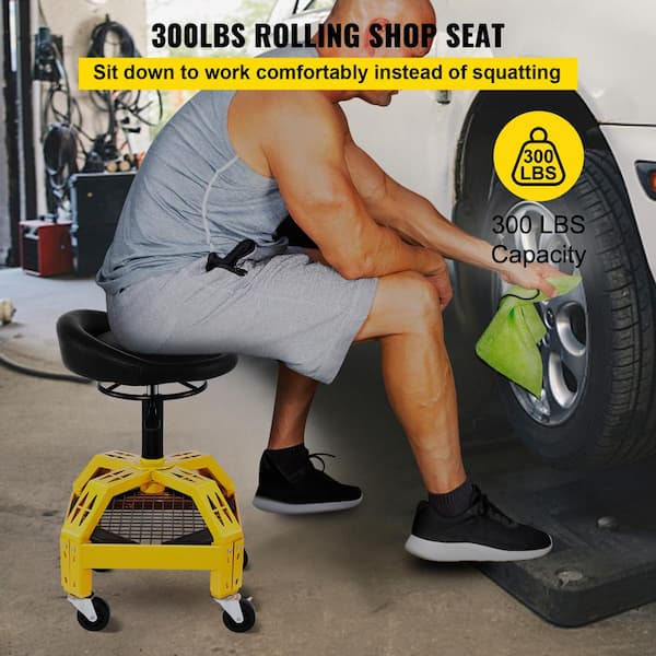 Rolling Garage Shop Stool 300 Lbs. Load Mechanic Seat 24 in. to 28.7 in. with 360° Wheel Tool Tray for Workshop, Yellow
