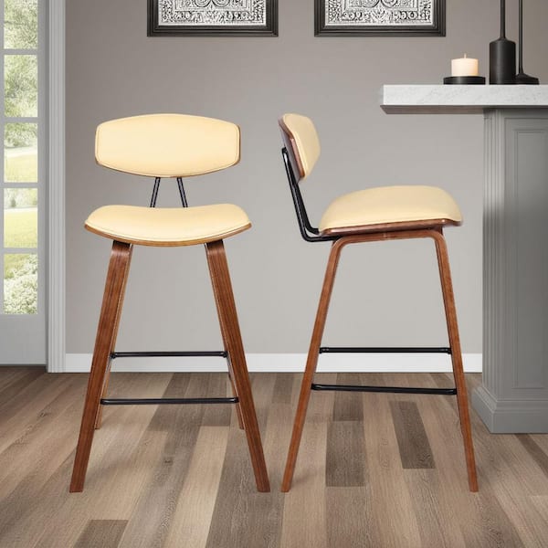 Armen Living Fox 28.5 in. Mid-Century Bar Height Bar Stool in Cream Faux Leather with Walnut Wood