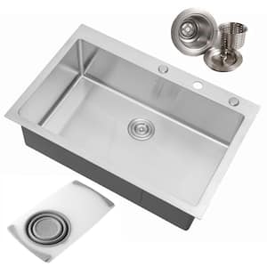 33 in. 16G Brushed Stainless Steel Topmount Drop in Single Bowl Kitchen Sink with Accessories
