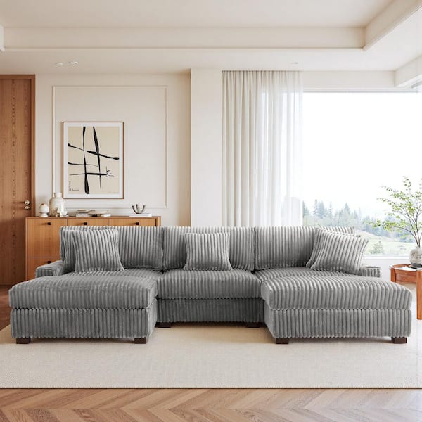 118 in. W Modern Square Arm 5-Piece Faux Rabbit Fur Fabric U-Shaped Modular Sectional Sofa in. Light Gray