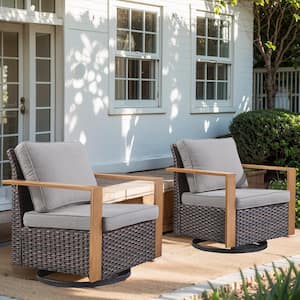 Rectangular Framed Armrest Swivel Brown Wicker Outdoor Rocking Chair with CushionGuard Gray Cushions Patio (Set 2-Pack)