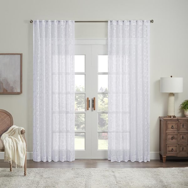 Waverly Indochina White Embroidery Polyester 50 in. W x 108 in. L Sheer Single Rod Pocket Curtain Panel