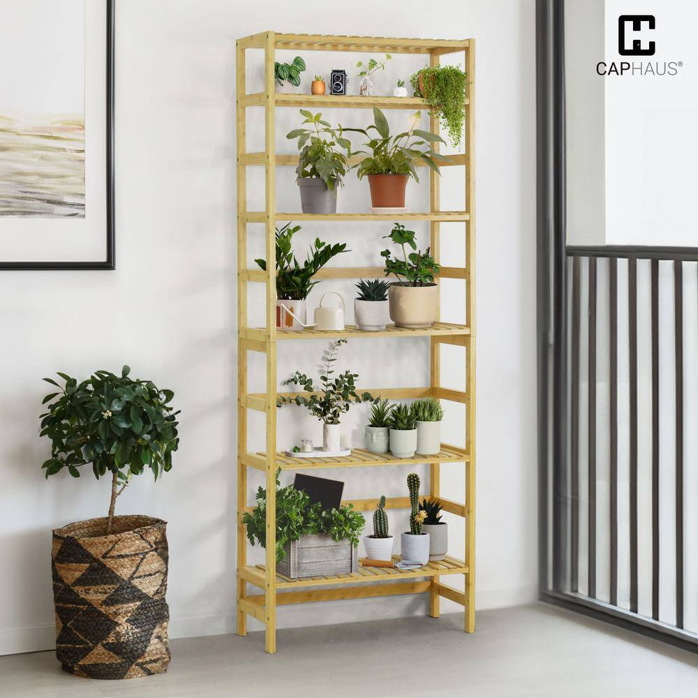 63.7 in Tall Natural Bamboo Adjustable 6-Shelf Bookcase