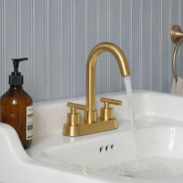 4 in. Centerset 2 or 3-Hole Double Handle High Arc Bathroom Faucet in Spot Resistant Brushed Gold with Pop-Up Drain