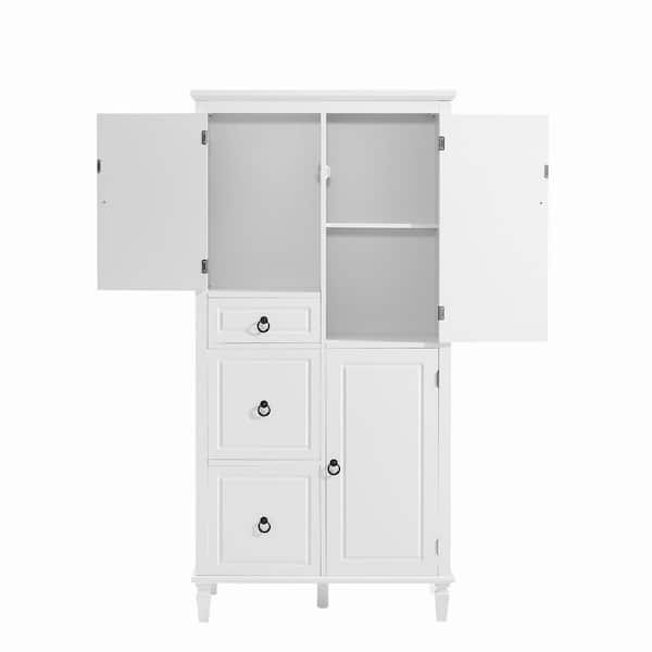 15 in. W x 30.60 in. D x 61.70 in. H White MDF Freestanding Linen Cabinet with 3 Drawers and Adjustable Shelves in White