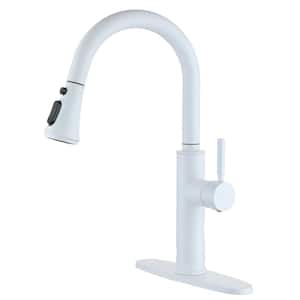 4-Spray Patterns Single Handle Pull Down Sprayer Kitchen Faucet with Deckplate and Water Supply Hoses in Matte White