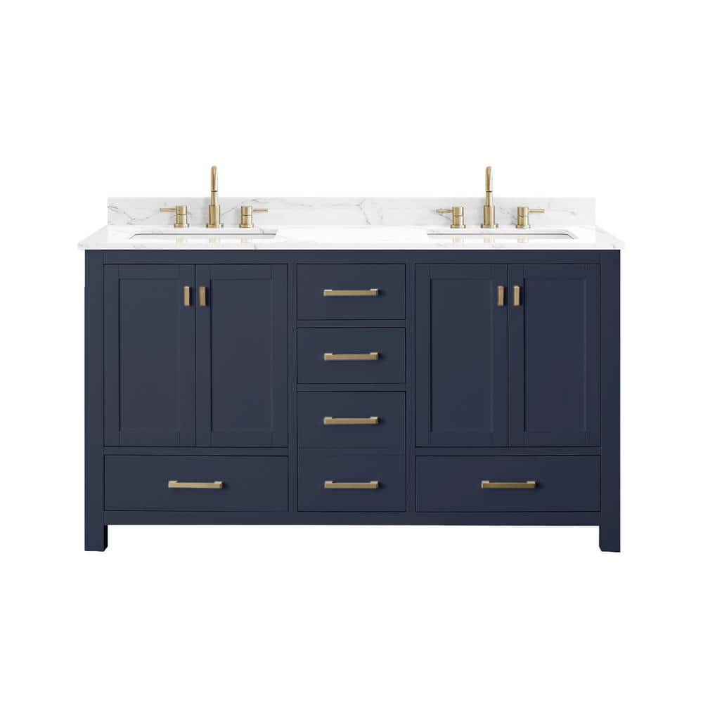 Modero 61 in. Double Sink Navy Blue Bath Vanity with Cala White Engineered Stone Top price history on PriceWatchPro
