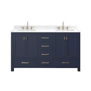 Modero 61 in. W x 22 in. D Bath Vanity in Navy Blue with Engineered Stone Vanity Top in Cala White with White Basins