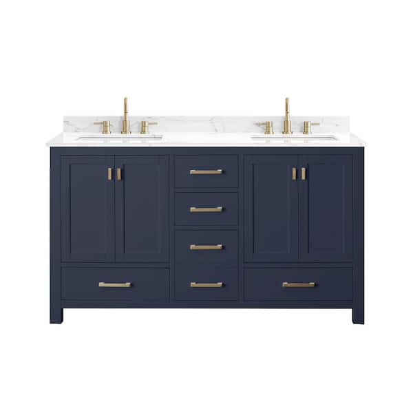 Avanity Modero 61 in. Double Sink Navy Blue Bath Vanity with Cala White Engineered Stone Top