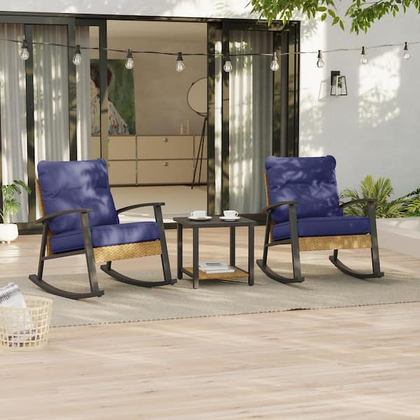 3-Piece Steel Frame Patio Bistro Set, Rocking Chair Modern Patio Furniture Sets with Side Table and Navy Blue Cushions