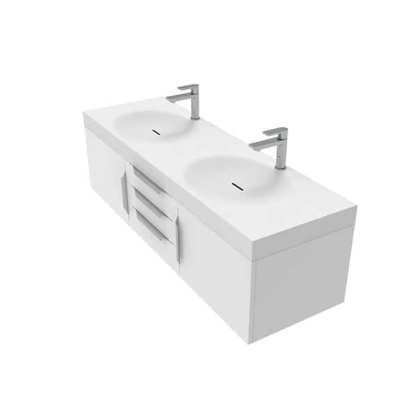 castellousa Thames 60 in. W x 18.9 D x 16.25 in. H Double Floating Bath Vanity in White Brushed Nickel Trim Solid Surface White Top
