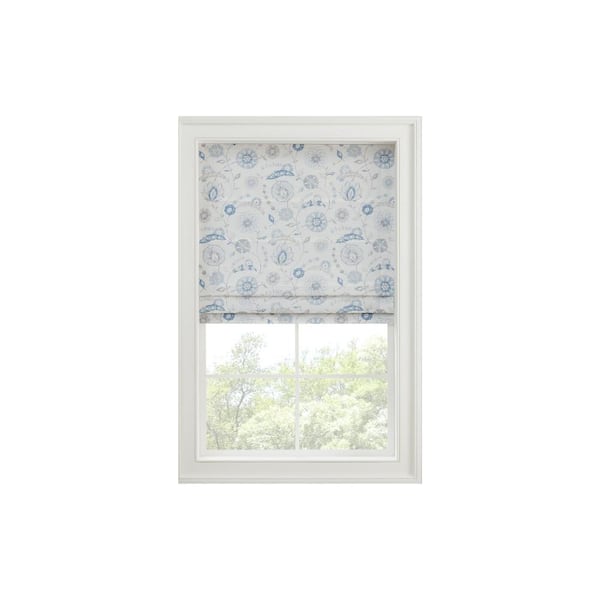 Waverly Annisa Blue Floral Cordless 100% Blackout Polyester Roman Shade - 33 in. W x 64 in. L